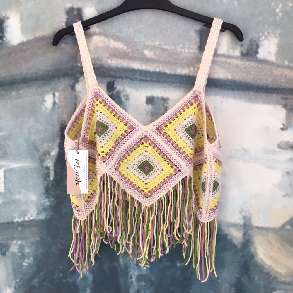 New In Crochet Fringe Crop Top - Lime Mix Size M/L Boho